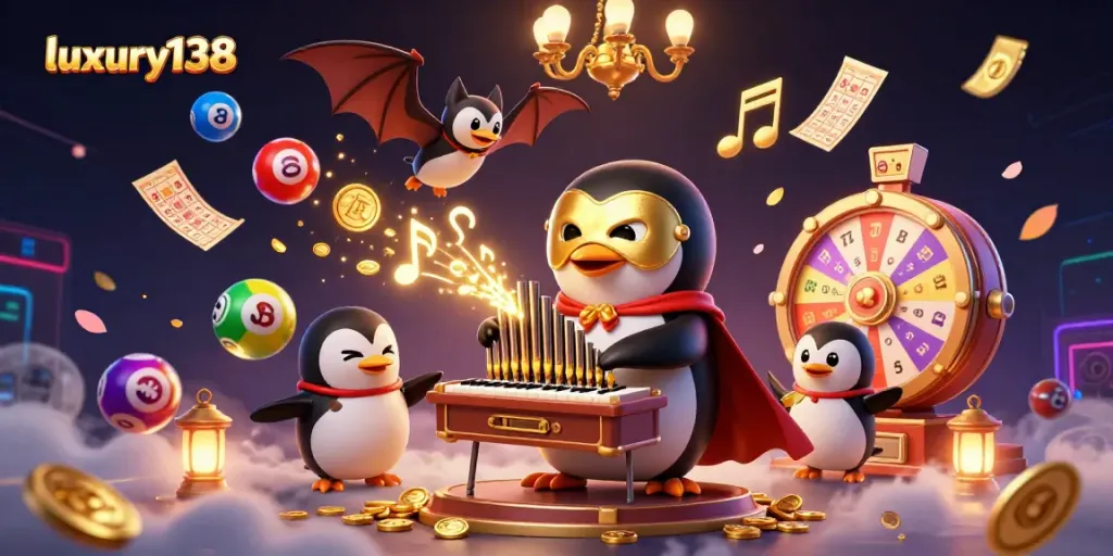 Luxury138 menyajikan nuansa kasino dengan karakter penguin opera misterius dan elemen permainan yang meriah.