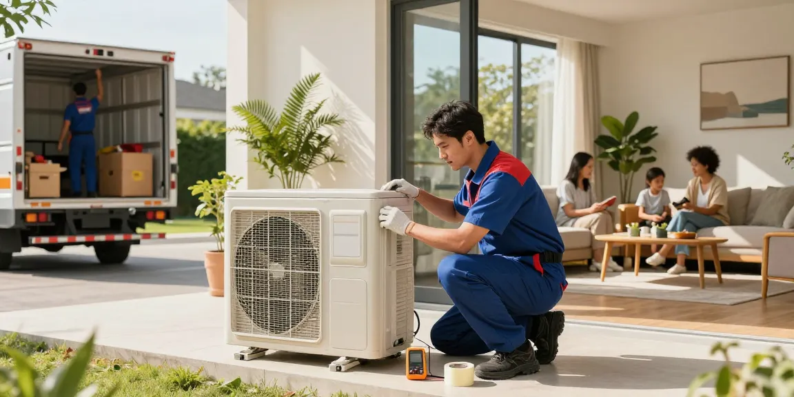 Skilled HVAC SEO company technician installing an air conditioning unit, showcasing expertise in home service.
