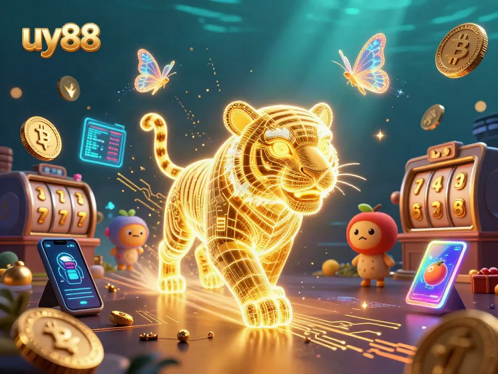 Experience exciting gaming with uy88's vibrant casino scene featuring a neon tiger and crypto elements.