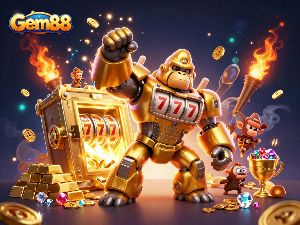 Experience the thrill of Gem88's high-energy casino scene with a golden gorilla mech and treasure.