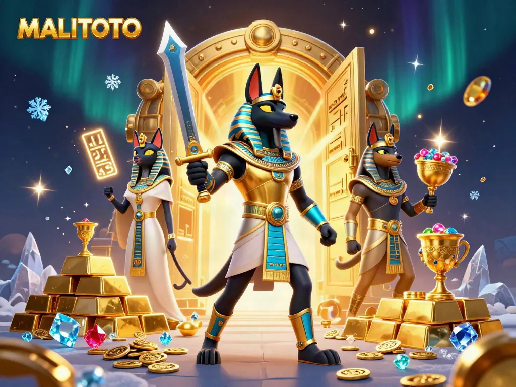 Experience thrilling gaming action with MALITOTO as Anubis and Bastet guard treasures in this vibrant 3D scene.