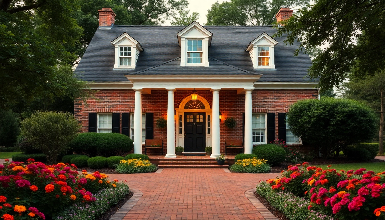 Stunning colonial home build featuring classic architecture and vibrant gardens.