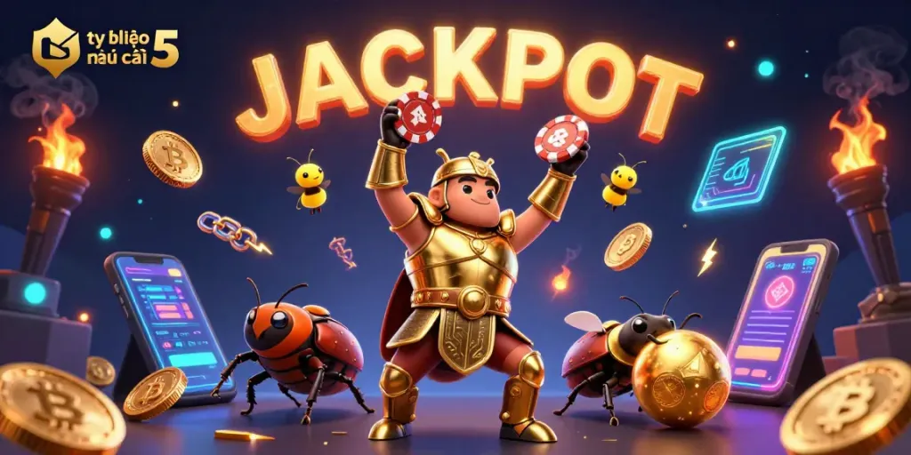 Engage with tỷ lệ kèo nhà cái 5 through this dynamic 3D illustration showcasing a victorious hercules beetle with vibrant gambling elements.