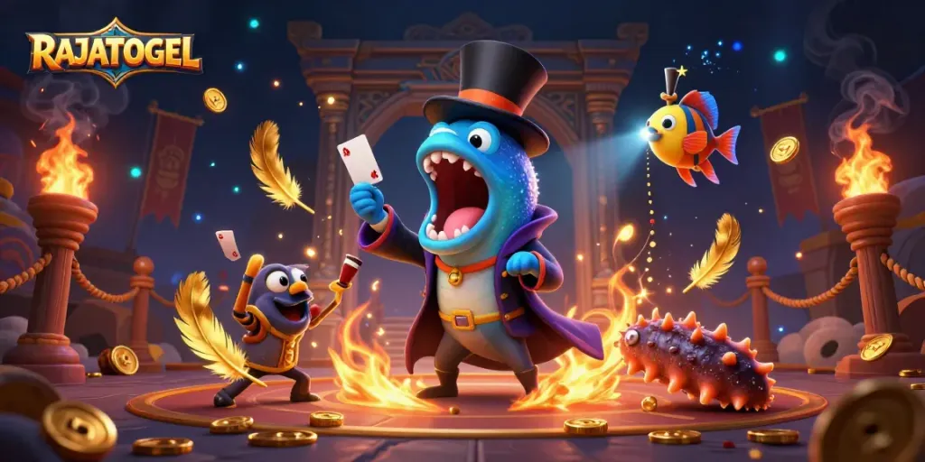 Engage with RAJATOGEL's thrilling card tricks showcased by colorful sea creatures in a magical underwater casino.