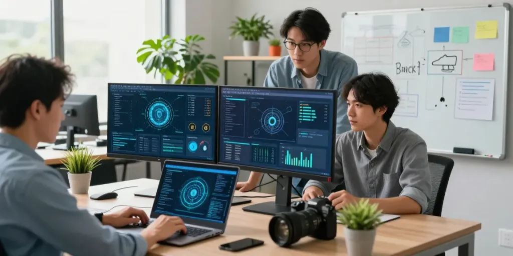 使用 safew 保护数据安全的现代办公室，技术专家在协作解决网络安全挑战。