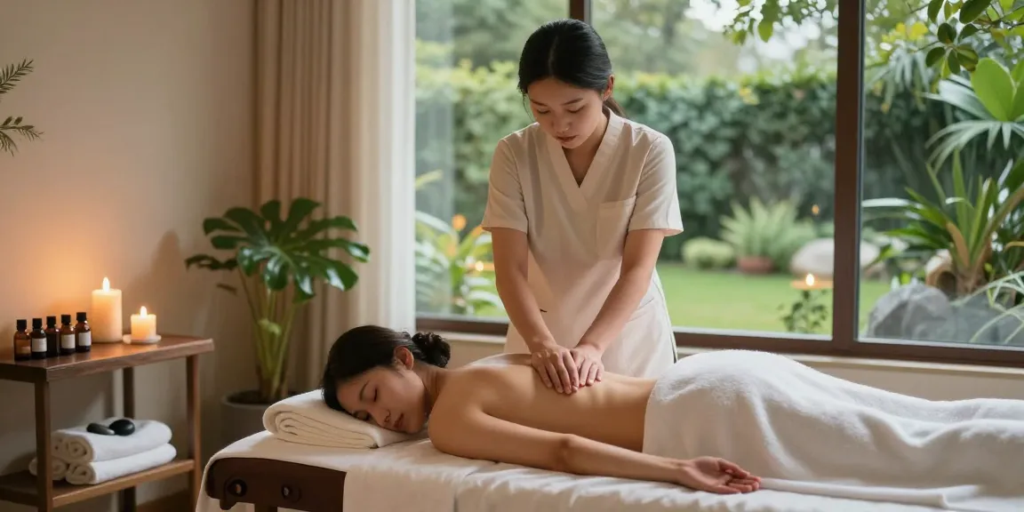 Expert therapist performing a 스웨디시 massage in a relaxing spa environment with soothing natural elements.