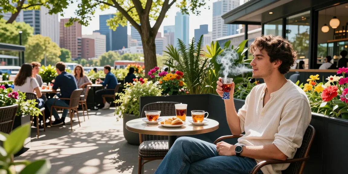 Enjoying a rokok88 in a lively café with city views and greenery.