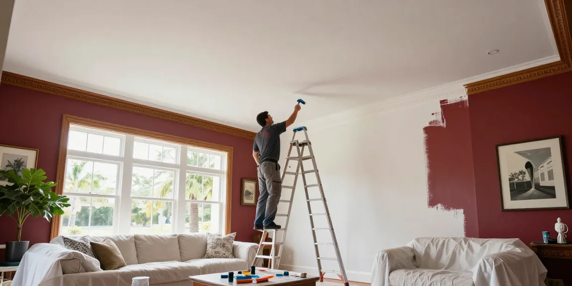 Interior painters Sarasota FL beautifying a high ceiling home with fresh paint and meticulous attention to detail.