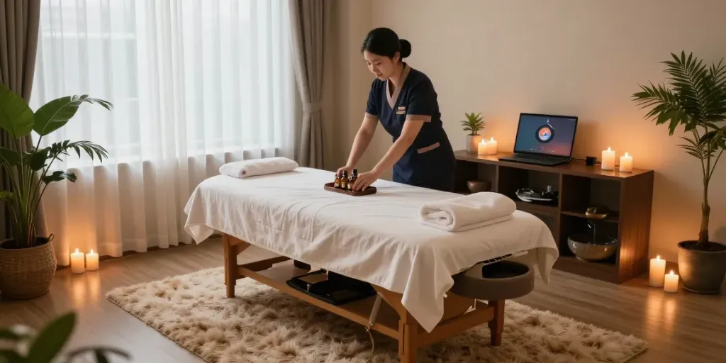 Luxurious massage studio in Gangnam highlighting 강남출장안마 services with a soothing atmosphere.