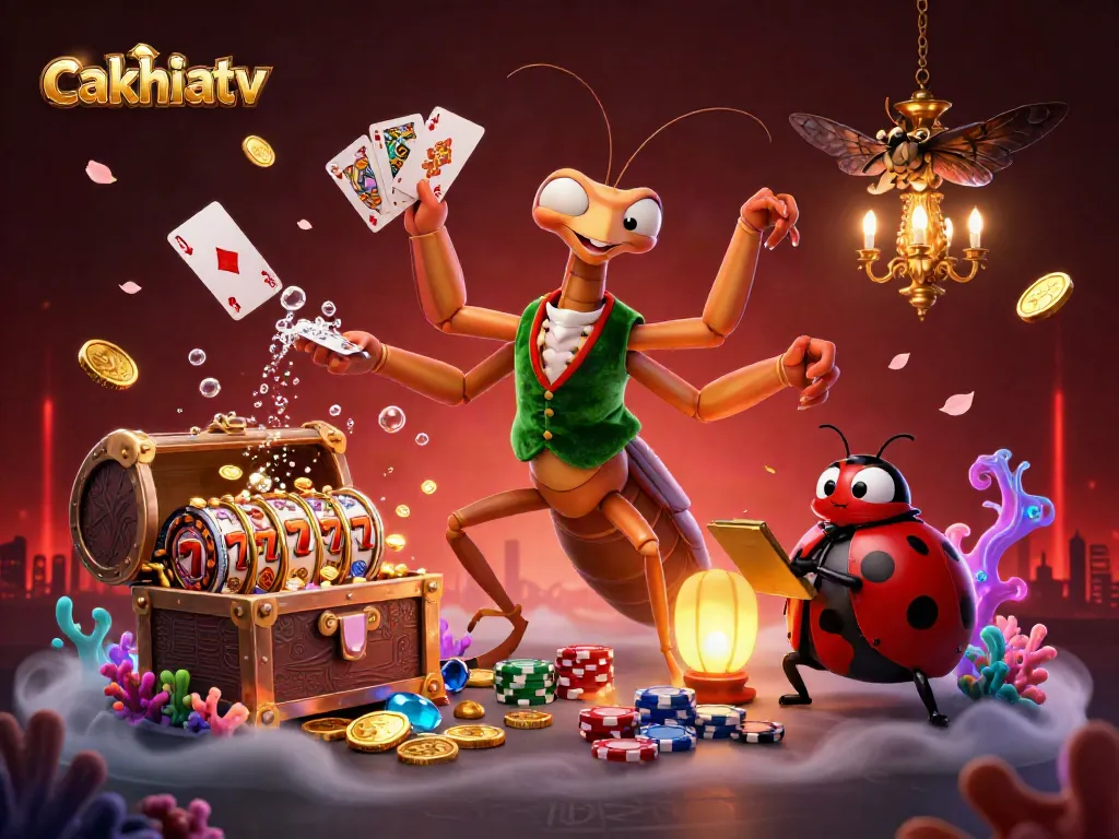 Cakhiatv's gaming scene featuring an animated mantis card sharp and vibrant casino elements