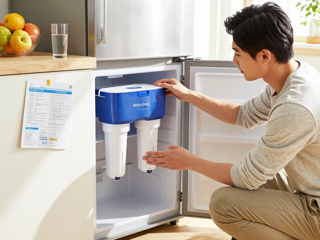 Person installing Waterdrop Maxblue EDR3RXD1 Replacement for 4396841 filter in a bright kitchen, surrounded by fresh fruit and a glass of filtered water.