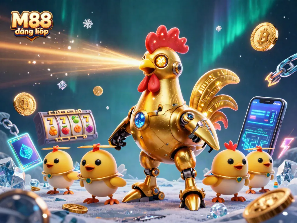 M88 đăng nhập with a retro-futuristic golden rooster robot and slots, creating an engaging casino theme.