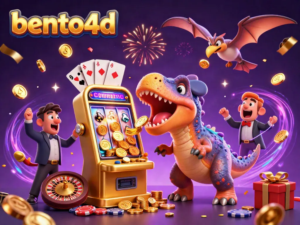 Bento4d showcases a 3D dinosaur thrillingly headbutting a golden slot machine amidst exploding coins in a lively casino scene.