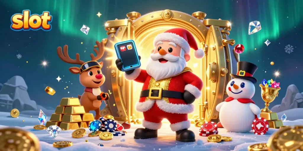 Slot gacor dengan Santa Claus dan rusa kutub di kasino emas yang mewah.