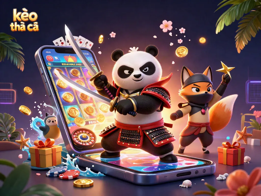 Engage with kèo nhà cái through a thrilling scene featuring a samurai panda and companions among dynamic casino elements.