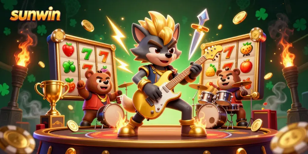Experience thrilling gameplay at Sunwin with a vibrant casino scene featuring dynamic character action and golden elements.