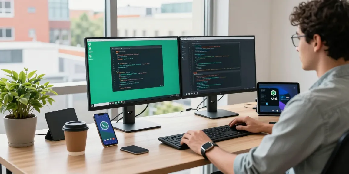 WhatsApp下載 on multiple screens in a modern tech workspace, showcasing an engaging development environment.