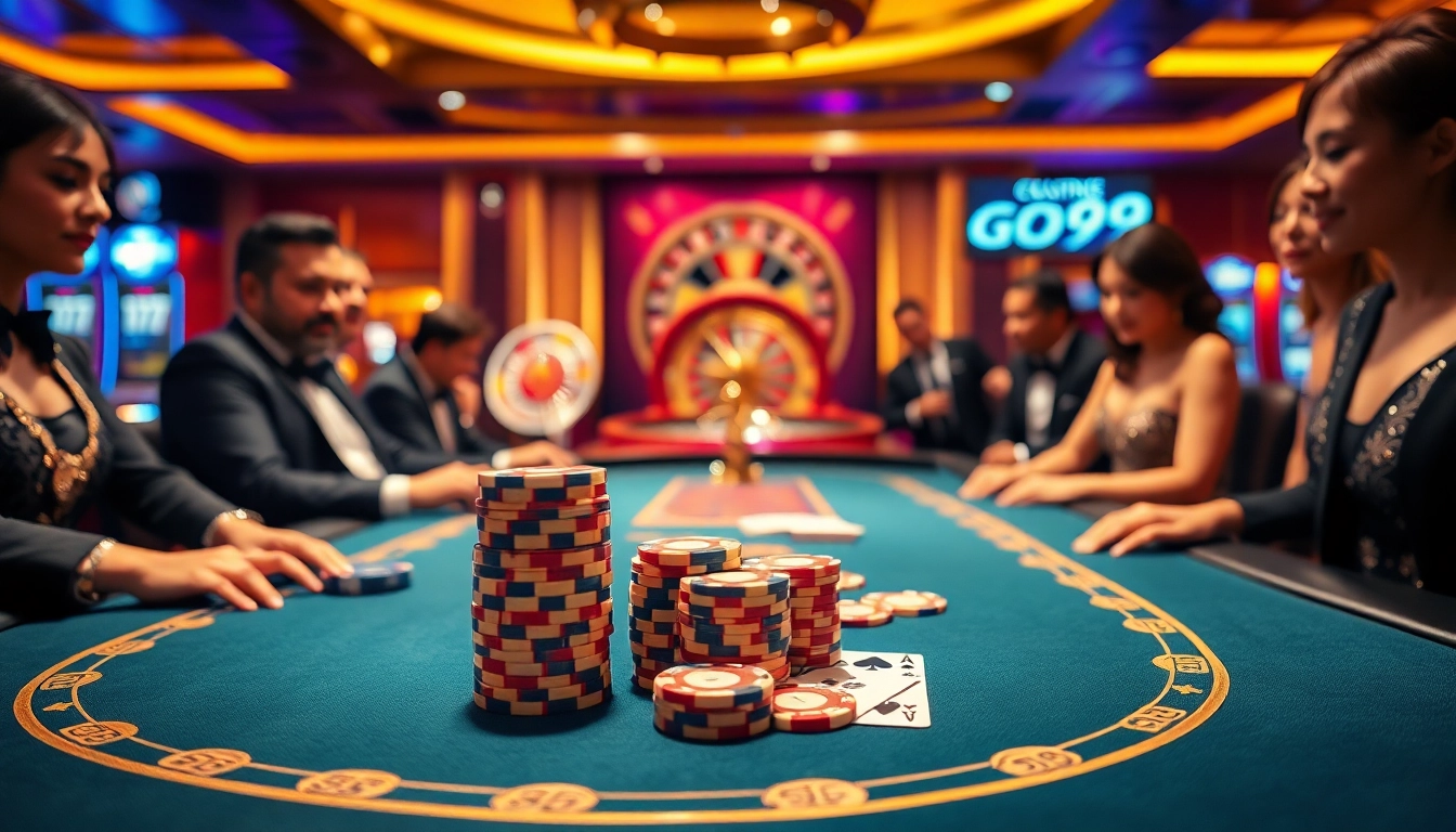 Experience the thrill of GO99 in a luxurious casino scene featuring poker chips and card games.