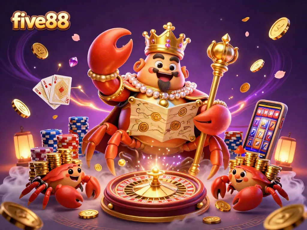 Experience the exciting world of five88 as the golden crab emperor rules a vibrant casino scene filled with treasures.