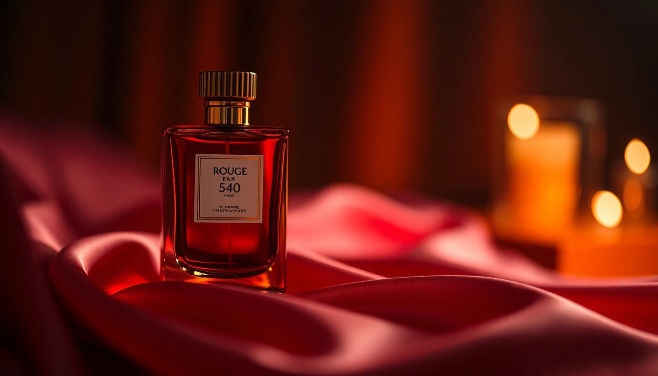 Experience the allure of Rouge 540 with an elegant fragrance bottle on luxurious silk.