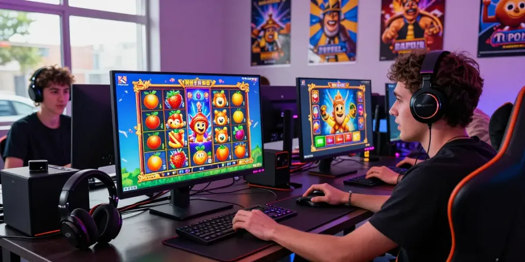 Engaged player enjoying slot games on a vibrant digital interface in a cozy gaming space.