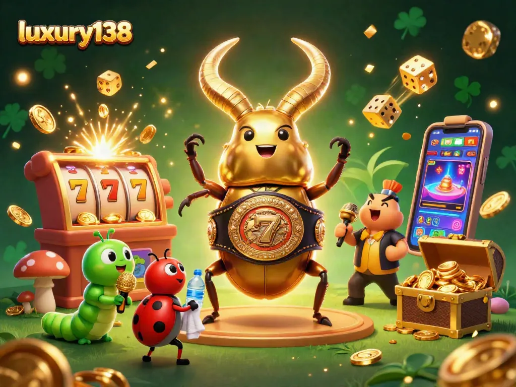 Permainan slot jackpot mewah luxury138 dengan karakter lucu dan simbol keberuntungan berkilauan.