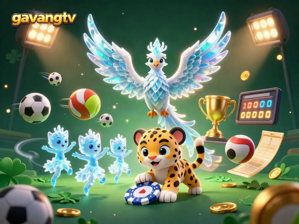 Engage with gavangtv's thrilling sports betting world through an energetic illustration featuring unique characters and gambling elements.