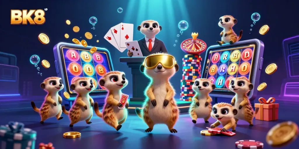 Experience the vibrant energy of BK8 casino through playful meerkats managing games and winning prizes.