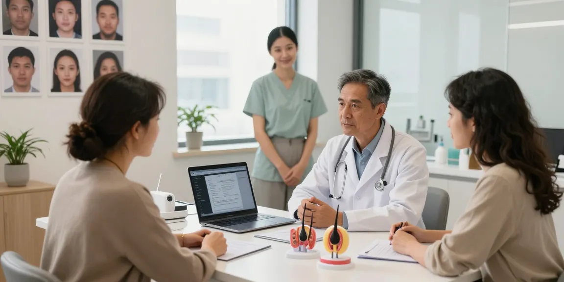 Consultation about hair transplant turkey in a modern clinic setting with a physician and patient.