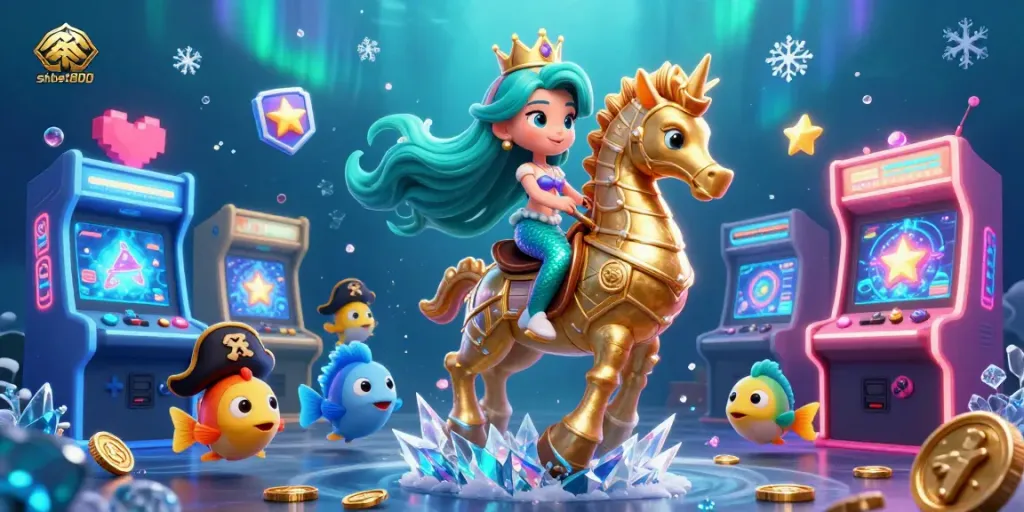 Experience vibrant gaming with shbet800’s mermaid princess riding a golden seahorse in an exciting underwater casino.