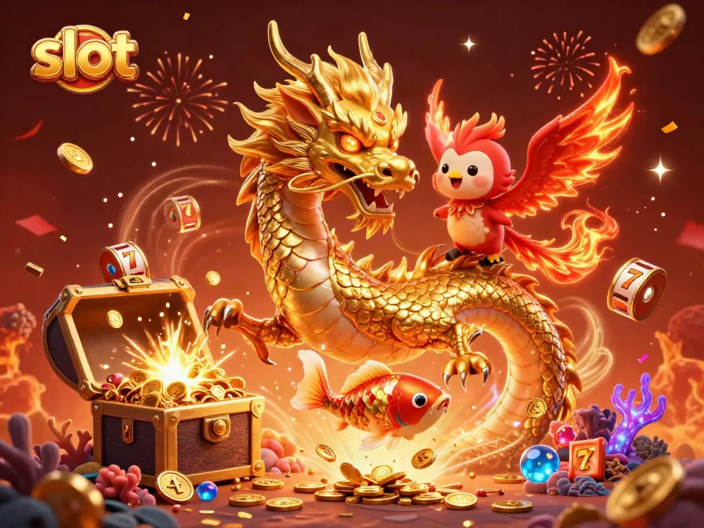 Spin into excitement with slot-inspired characters and scenes featuring a golden dragon and vibrant rich visuals.