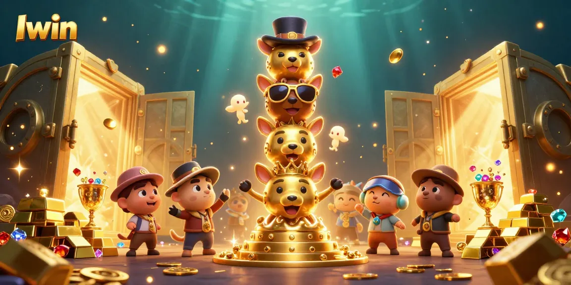 Iwin brings excitement with vibrant 3D illustration of a casino-themed golden totem pole surrounded by treasures