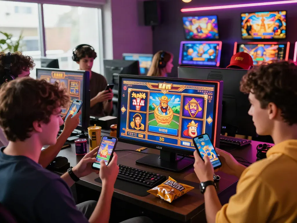 Excited friends engaging with online slot games on touchscreen, showcasing vibrant graphics and a lively atmosphere.
