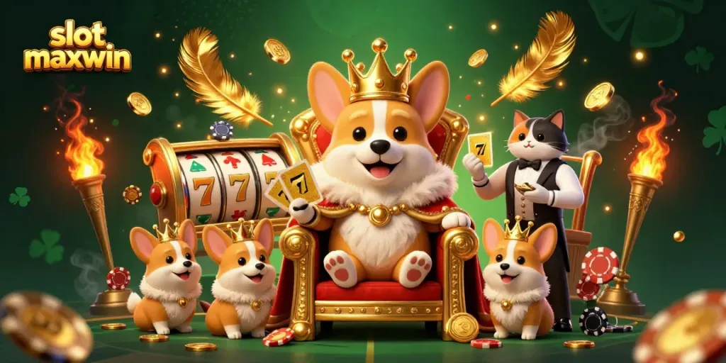 Experience the exciting world of slot maxwin with a royal corgi and vibrant casino elements.