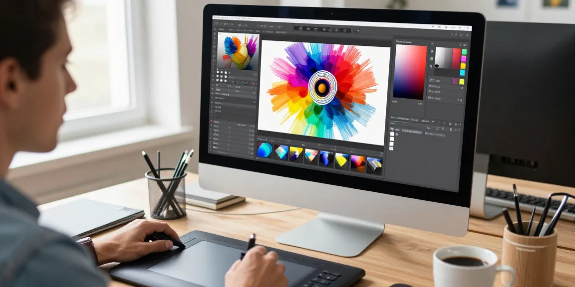Designer using the paint-bucket tool to edit vibrant images in a creative workspace