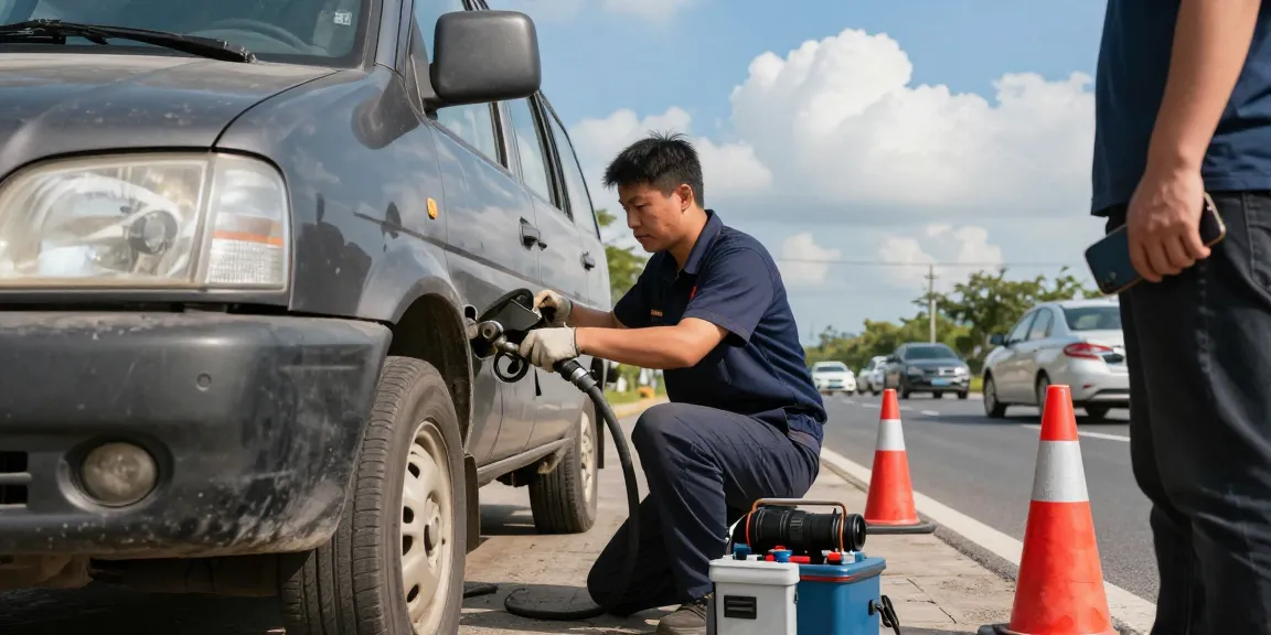 Technician draining Adblue in diesel car on roadside service
