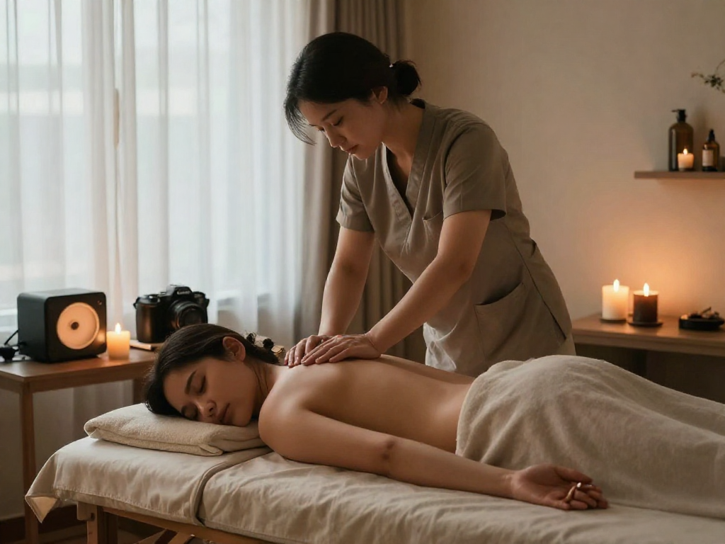 출장안마 service in a tranquil hotel room with soft lighting and aromatherapy setup, showcasing relaxation and professionalism.