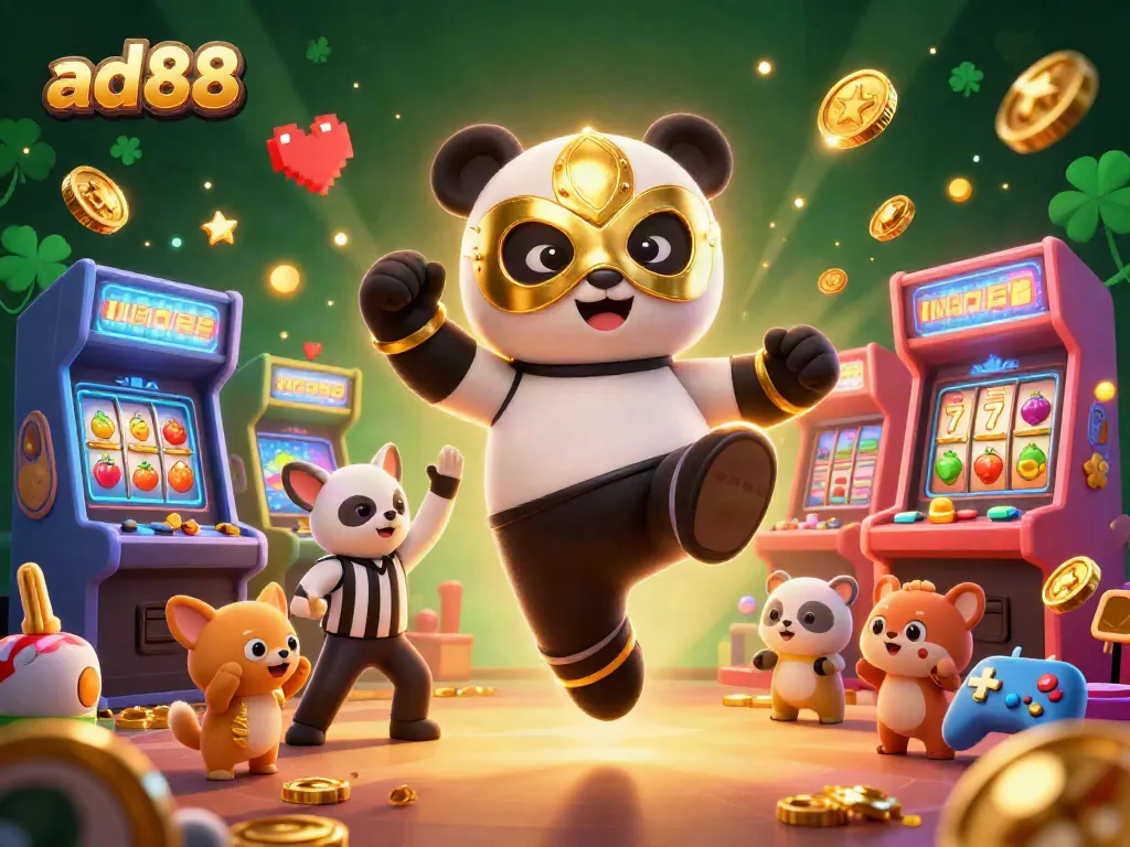 Experience thrilling gaming action at ad88 with a panda wrestler, colorful casino games, and exciting elements.