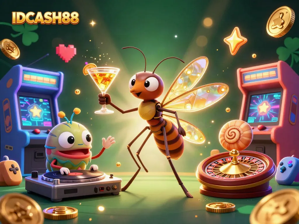 Play slots with IDCASH88 in a vibrant 3D casino scene featuring nostalgic elements and engaging characters.