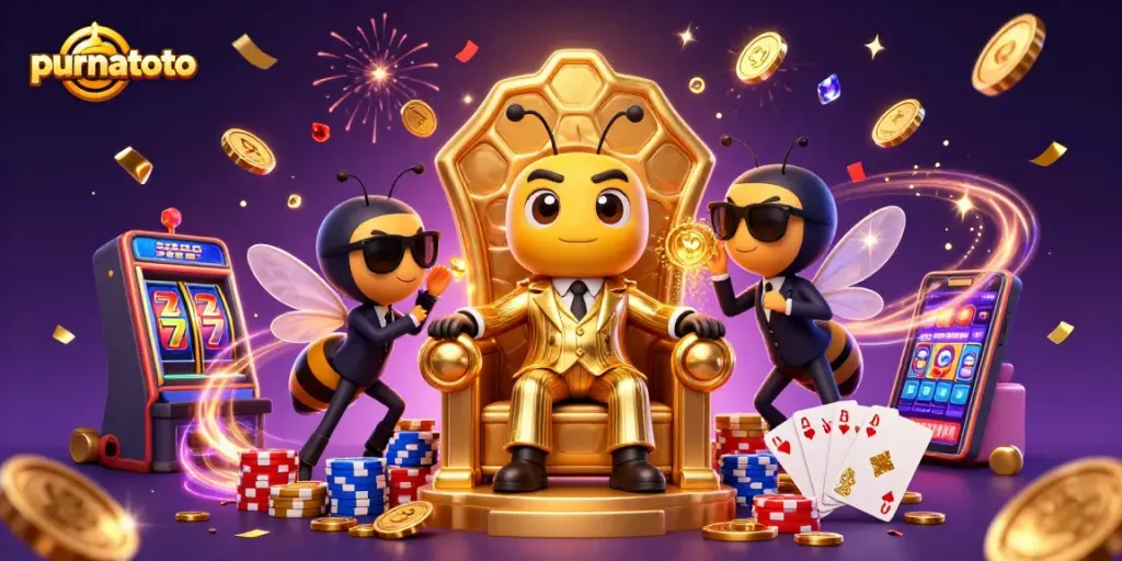 Purnatoto mempersembahkan ilustrasi 3D kasino dengan bos lebah dan jackpot slot yang mengkilap.