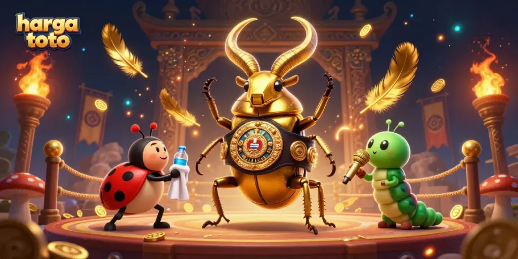 Experience the thrill of harga toto with a dynamic boxing-themed scene showcasing a golden stag beetle and casino elements.