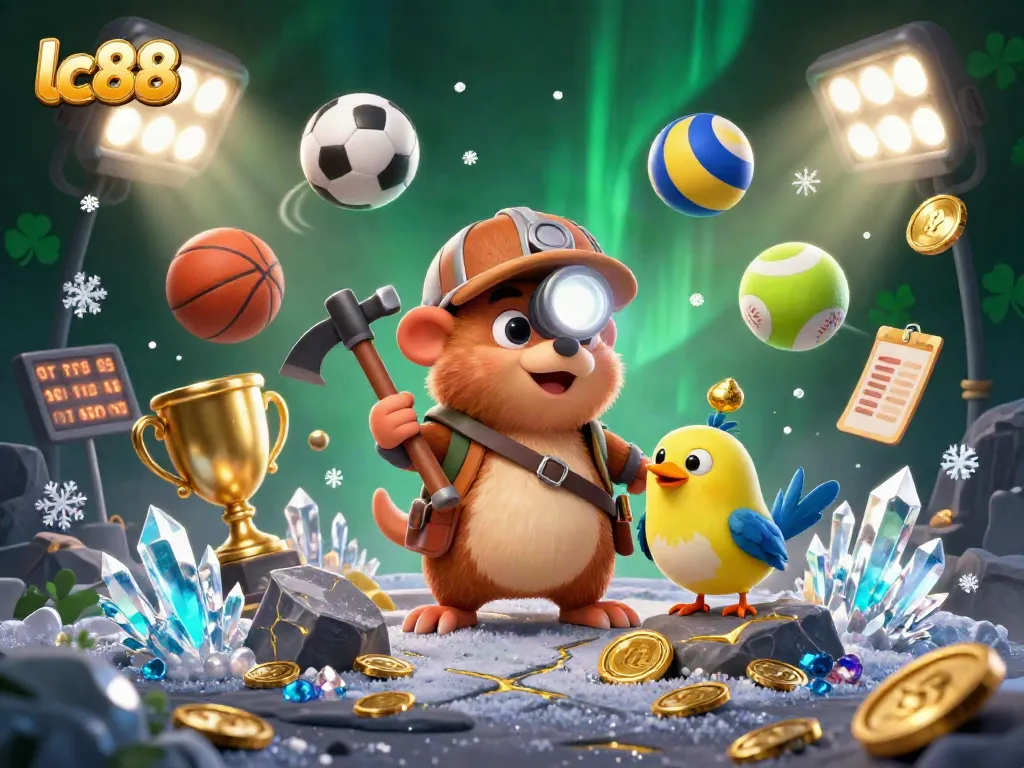 Experience the excitement of lc88 with a treasure hunter mole and a canary amidst glowing gems, sports balls, and betting slips.