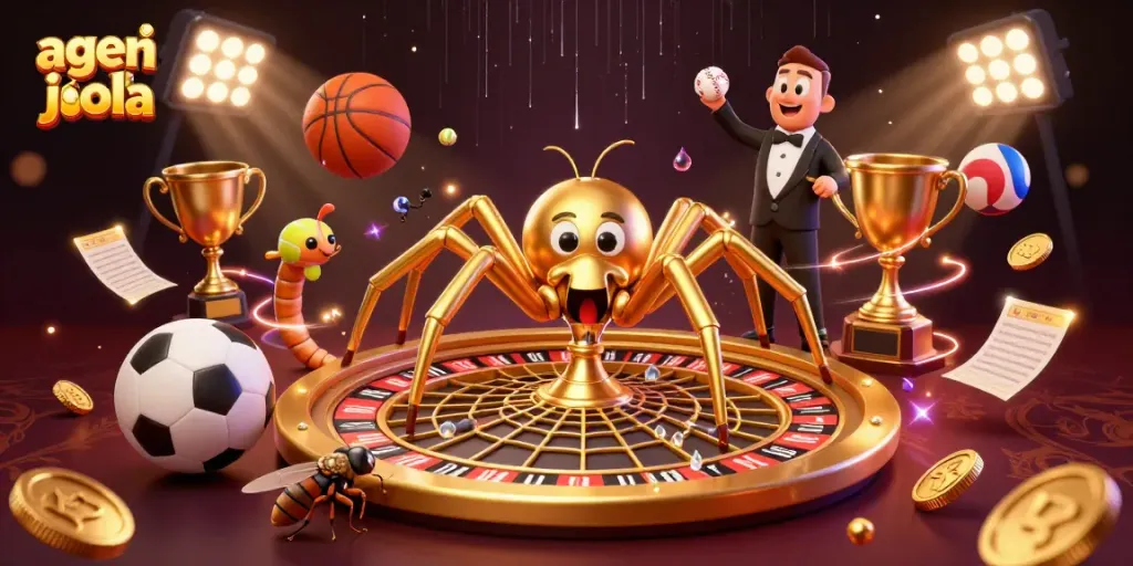 Experience the excitement of agen judi bola with a dynamic scene featuring a golden spider and sports elements.