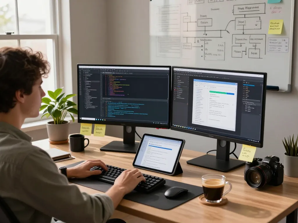Moltbot AI software developer at a modern home office with coding setup, showcasing clawdbot ai features and productivity tools.