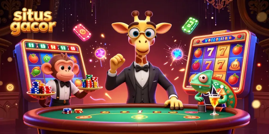Play exciting slot games on situs gacor with a charming giraffe, monkey, and chameleon in an animated casino.