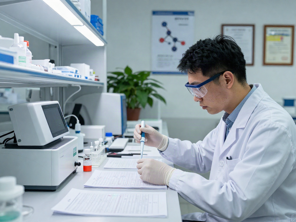 BPC-157 research supplier in a modern lab with scientists analyzing peptide purity