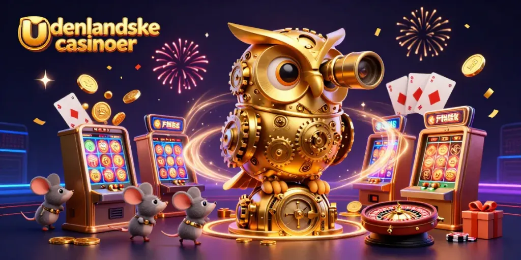 Engage with udenlandske casinoer, featuring a golden owl and lively casino elements in a vibrant 3D scene.