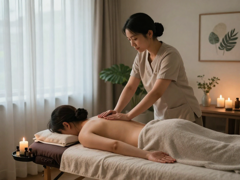 Professional 광명출장마사지 session showcasing a tranquil home setting with a skilled therapist and a relaxed client, enhanced by calming elements.