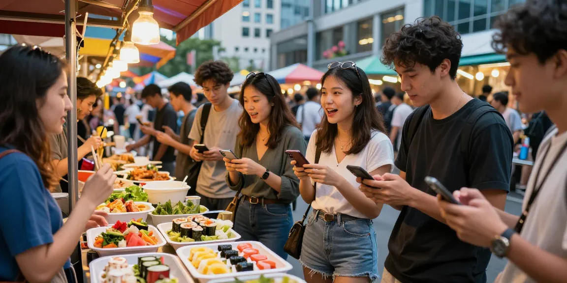 People enjoying rokok88 food experiences in a lively urban marketplace