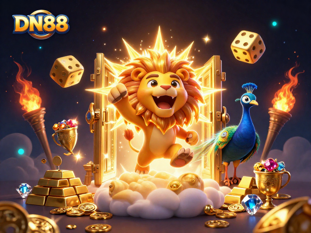 Experience the thrill of DN88 with a dynamic 3D cartoon illustration showcasing vibrant casino elements.